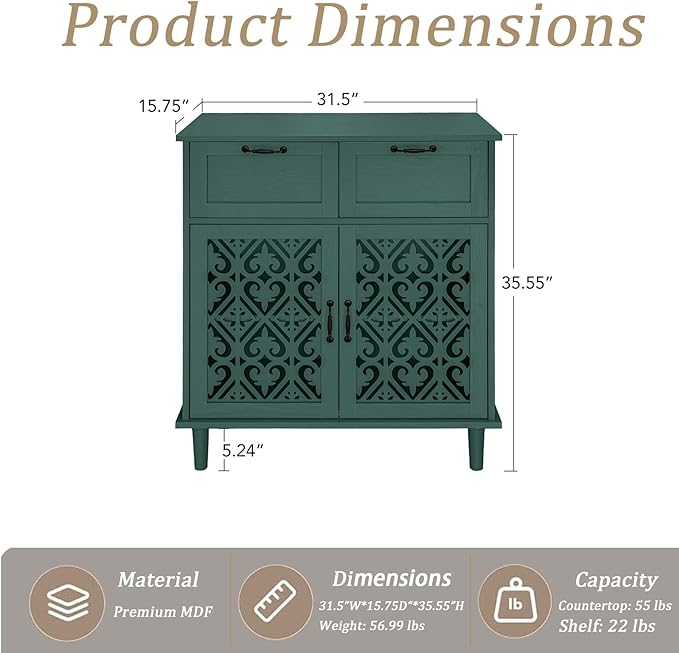 vistavie Green 2 Doors 2 Drawers Buffet Sideboard Cabinet - Accent Cabinet with Adjustable Shelves，31.5 Inch Wide Wood Storage Cabinets for Dining Room,Study Room and Kitchen