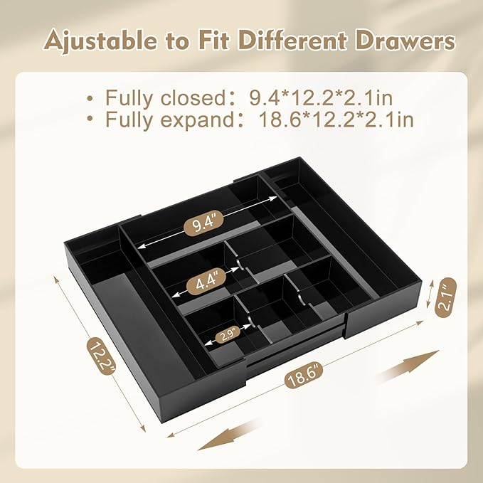 Briwooody 1 Pcs Acrylic Desk Drawer Organizer 9'' up to 18'' x 12'' x 2.1'' Expandable Drawer Organizer Trays with 8 Adjustable Compartments Black Desk Accessories for Makeup Office Bathroom