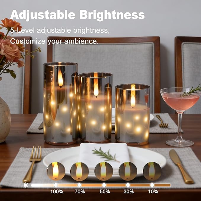 Rechargeable Glass LED Flameless Candles, Embedded Star String Flickering Flameless Candles for Romantic Ambiance and Home Decoration with Remote & Timer(Gray)