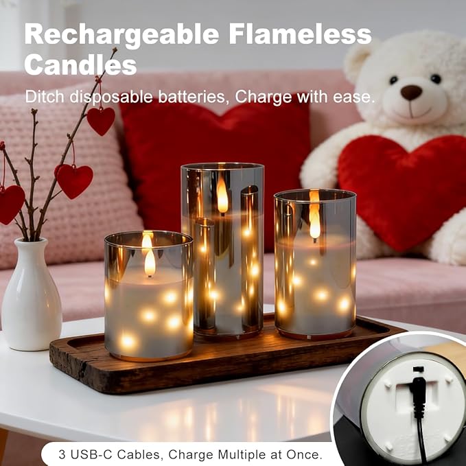 Rechargeable Glass LED Flameless Candles, Embedded Star String Flickering Flameless Candles for Romantic Ambiance and Home Decoration with Remote & Timer(Gray)
