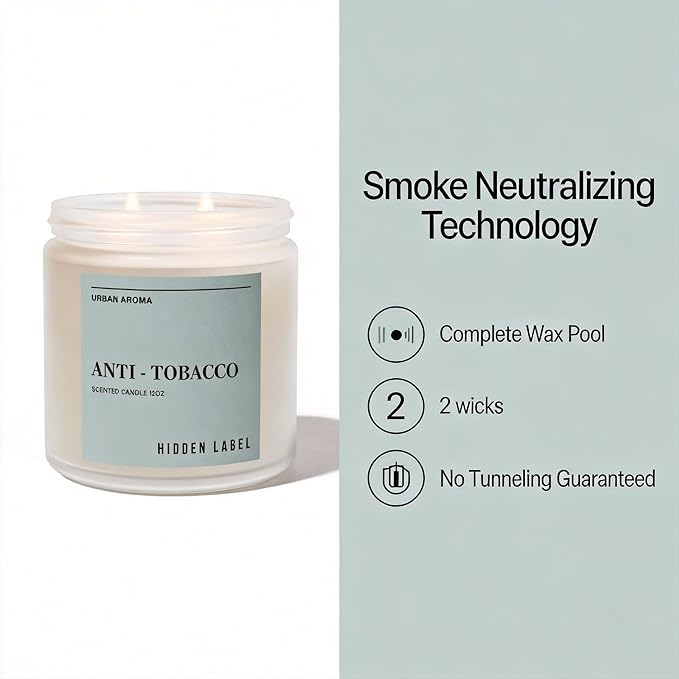 Hidden Label Anti Tobacco Scented Candle, 12oz Natural Soy Candle for Men, 70-Hour Clean Burning, Smoke Neutralizing & Air Purifying, Bachelor Pad Decor & Man Cave Essential, Gift for Him