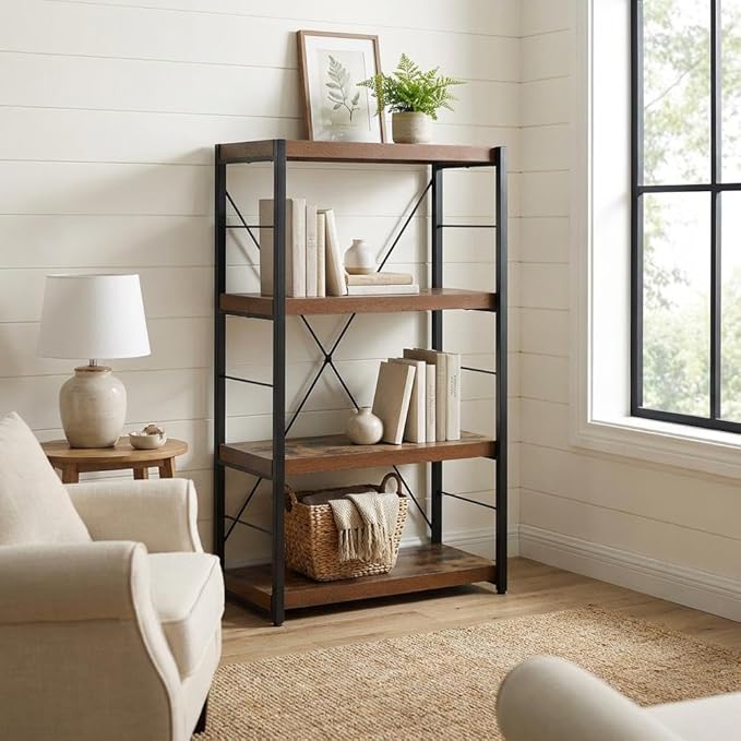 Furnifact Weathered Oak and Black Bob Bookshelf, Modern Bookcase, Ample Storage, Durable, for Living Room or Office