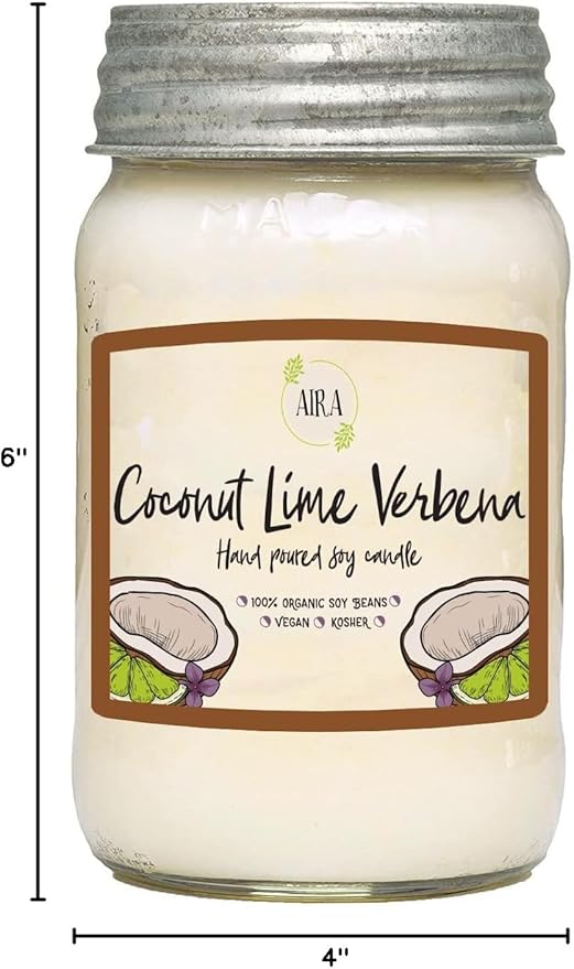 Aira Soy Candles - Organic, Kosher, Vegan, in Mason Jar w/Therapeutic Grade Essential Oil Blends - Hand-Poured 100% Soy Candle Wax - Paraffin Free, Burns 110+ Hours - Coconut Lime Verbena - 16 Ounces