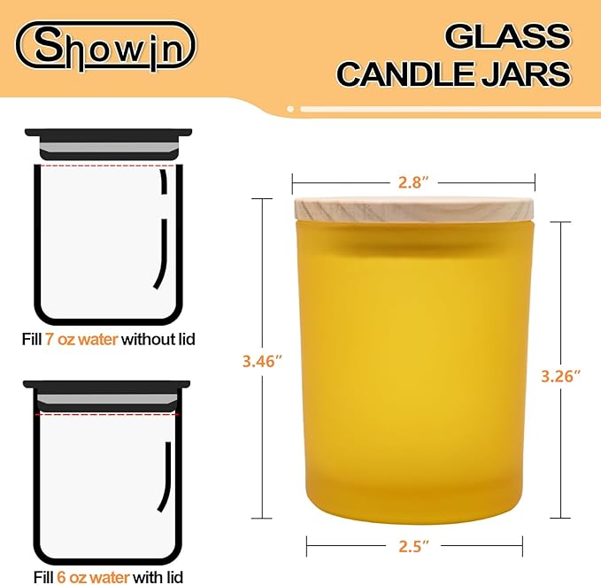 SHOWIN Thick Candle Jars for Making Candles 16 Pcs, 7 OZ Empty Jars with Wood Lids for Candle Making, Sample Container, Frosted Yellow