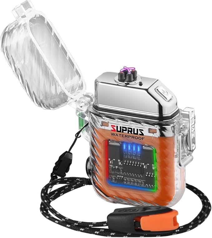 SUPRUS Luminous 3 Modes of Flashlight Windproof Waterproof Lighter Electric Rechargeable Dual Arc Plasma Lighter with Survival Emergency Whistle and Lanyard (Orange)