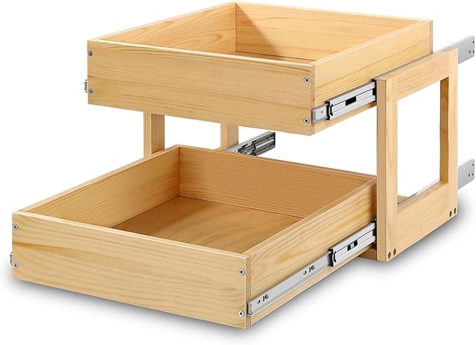 Mulush Pull Out Cabinet Organizer, 26''W×21''D×16''H Soft Close Slide Out Wood Drawer Shelves Storage for Kitchen, 2-Tier, Finished, Heavy-Duty, Bottom Assembly