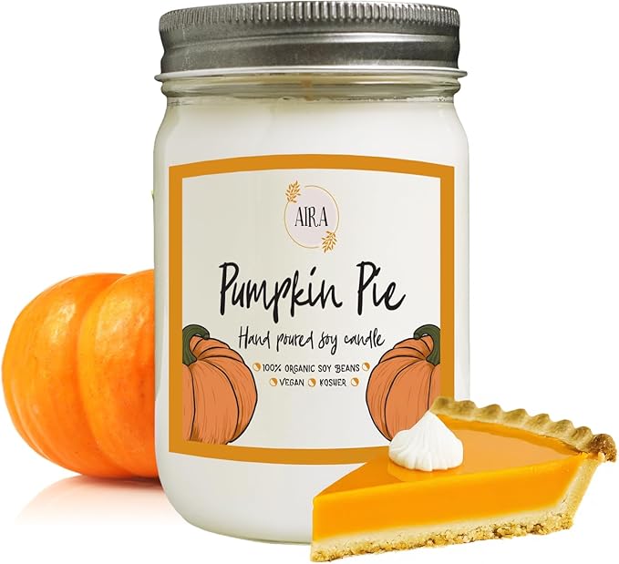 Aira Soy Candle – Pumpkin Pie – 12 oz Mason Jar – Hand-Poured USA – Long-Lasting Vegan Soy Wax Candle – Cozy Fall & Holiday Aroma – Paraffin-Free, Kosher, Cruelty-Free