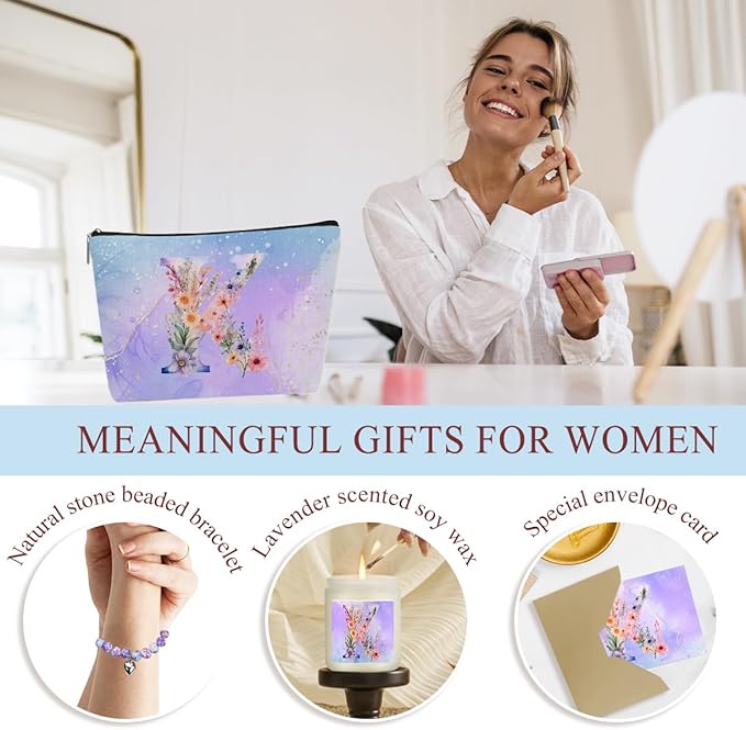 Personalized Gifts Monogrammed Birthday Gifts for Women, Soul Sister Bachelorette Party Wedding Christmas Initial Wine Tumbler Makeup Bag Scented Candle Bracelet Set, (Aesthetic Purple Flower K)