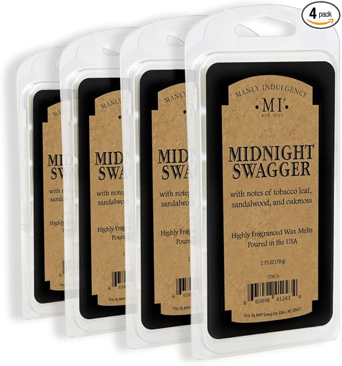 Manly Indulgence Midnight Swagger Scented Wax Melts, Wax Melt Warmer Cubes, Long Lasting Scented Wax Warmer Cubes, 4 Pack, 6 Cubes Each - Made in The USA