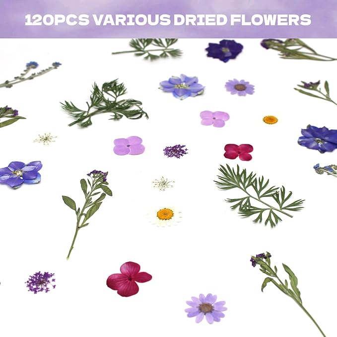 CONVELIFE Dried Flowers for Resin, 120pcs Natural Flowers and Leaves Compressed, Vacuum Packed DIY Dried Flowers for Epoxy, Jewelry, Candles, Soap, Nail Production