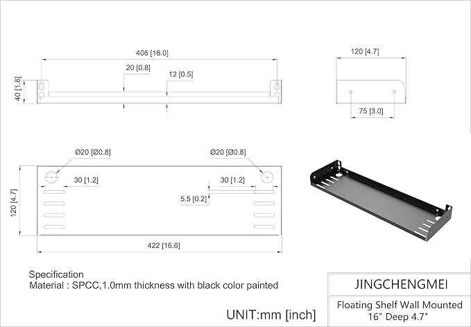 JINGCHENGMEI 2 Pcs of Metal Wall Mounted Floating Shelf for Small AV or TV Accessories, D 4.7" x W 16.6" Mini Display Shelf for Storage in Bathroom Bedroom Living Room (16.6 Inches)