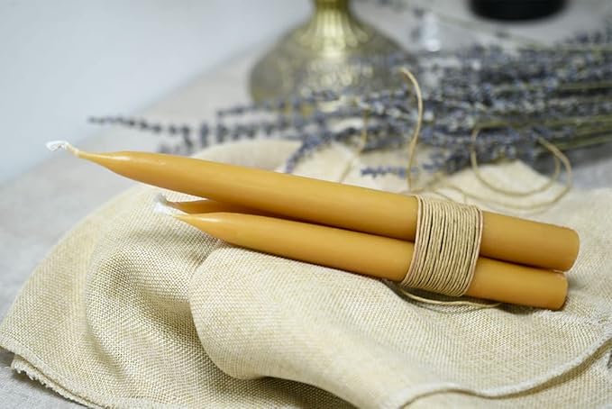 8 inch Natural Beeswax Taper Candles Set of 2, DEYBBY Smokeless and Dripless Beeswax Candles, 6-7Hrs Burn Time, Nontoxic