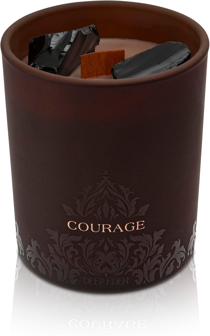 Forest Mahogany Scented Crystal Candle - Luxury Empowerment Candle with Black Tourmaline Crystals - 7.4oz Natural Soy, Coconut & Beeswax Wood Wick Candles for Men
