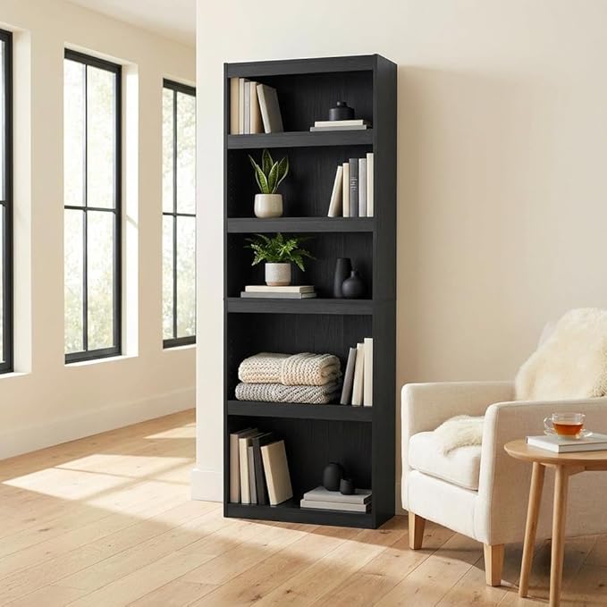 Furnifact Blackwood 5-Tier Shelf Bookcase with Ample Storage, Sturdy Wooden Construction, Modern Rustic Design, Ideal for Living Room or Office Storage