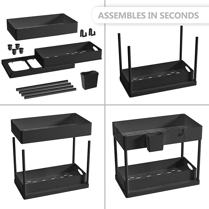 Under Sink Organizers and Storage, Bathroom Cabinet Organizer, Sink Shelf with Utility Hooks and Side Caddy for Under Cabinet Storage | Under Kitchen Sink Organizer with Sliding Drawer, Black (2-Pack)
