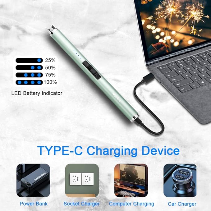MeeToo Candle Electric Lighter Rechargeable USB Type-C Lighters for Candle Christmas Kitchen Camping Party, Gifts for Wife Women Men Nana Green