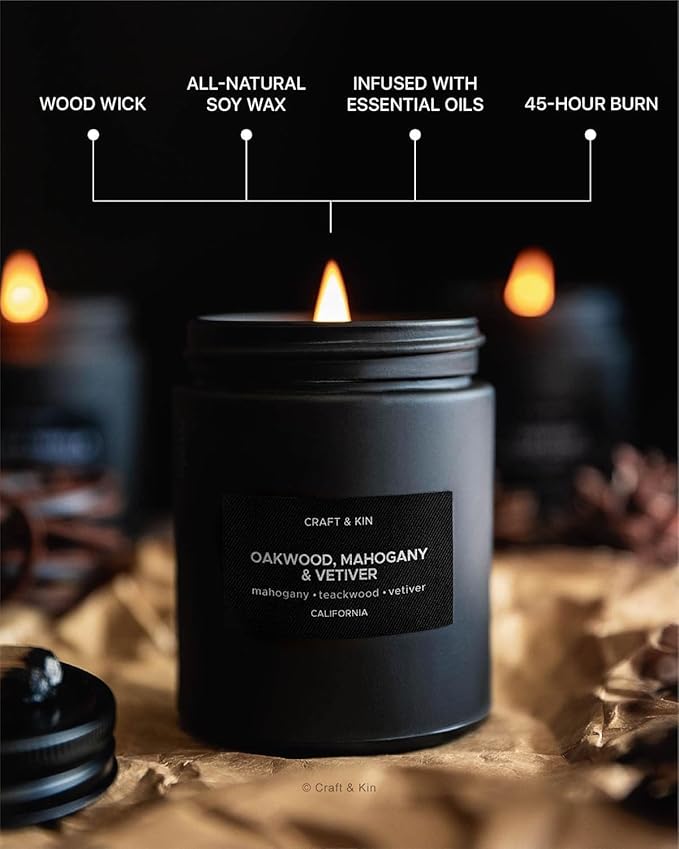 Craft & Kin Premium Oakwood, Mahogany & Vetiver Candle | Black Scented Candles for Men | Long Lasting with 45 Hour Burn Time, 7.6oz | Soy Candles | Aromatherapy at Home