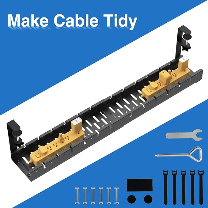 No Drilling Extendable Under Desk Cable Management, Metal Cable Management Tray Under Desk with Clamp, Retractable Power Strip Cord Holder for Wire Management 31Inch (2 Pack Extendable 31')