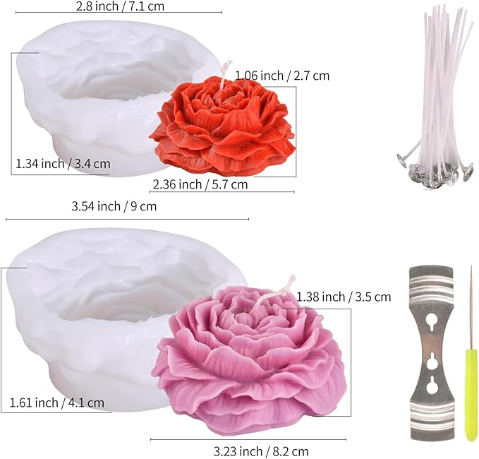 Peony Flower Candle Molds with Wick Pin and 50 Wicks,2PCS Silicone Candle Mold for Candle Making,3D Peony Flower Resin Candle Soap Silicone Molds