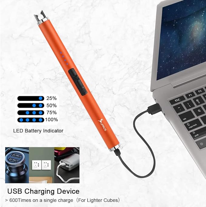 SUPRUS Fluorescent Lighter Glows in The Dark USB Lighter Rechargeable Windproof Pocket Size for Candle Cooking BBQ in Party (Orange)