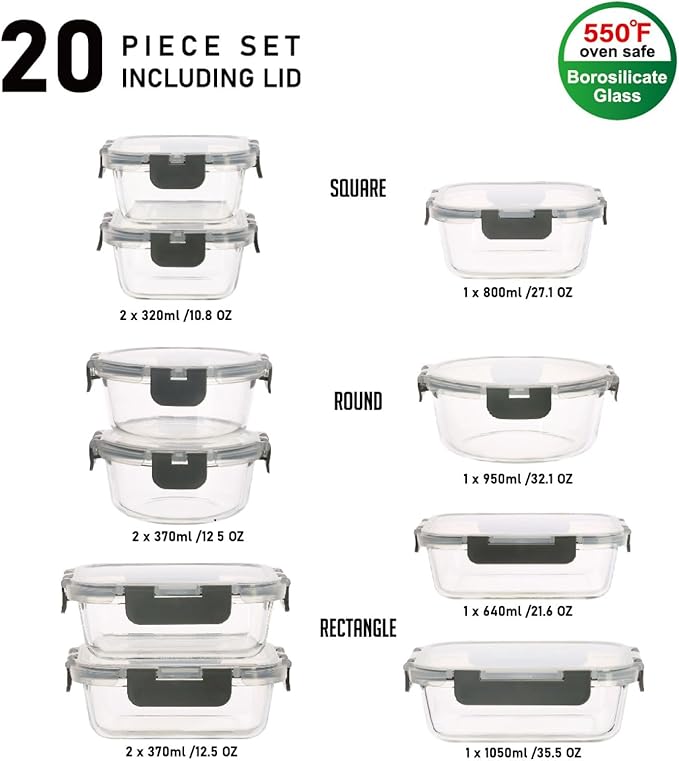 20-Piece Glass Food Storage Containers with Airtight Leakproof Lids - 10 Bowls & 10 Lids, BPA-Free Meal Prep Lunch Containers | Oven, Microwave, Freezer & Dishwasher Safe