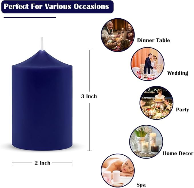 Set of 4 2x3 Inch Navy Blue Pillar Candles, Dripless Unscented Colored Cylinder Candles for Home Dinner Party Decoration - 24 Hours Burn Time