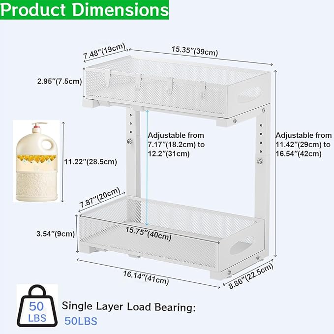 1 Pack Under Sink Organizer and Storage, 2 Tier Pull Out Sliding Cabinet Shelf, 5-Level Height Adjustable Thickened Carbon Steel Storage Rack for Kitchen Bathroom Cabinet, White