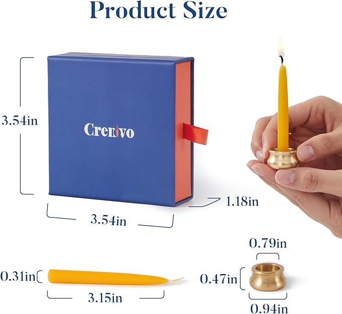 Crenovo 20 Minute Beeswax Meditation Candles, 12 Pack Mini Taper Candles with Brass Holder, Dripless, Smokeless, Gift-Ready Packaging for Meditation and Prayer
