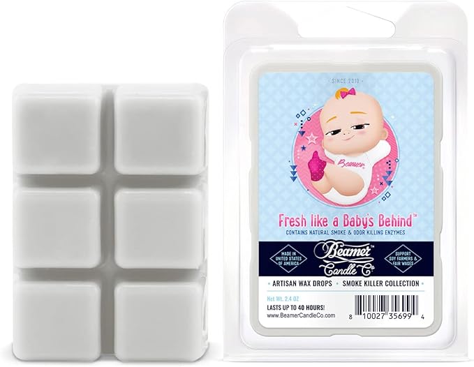 Beamer Candle Co. - Fresh Like a Baby's Behind Wax Melt – Clean, Soft Baby Powder Scent – Powder, Violet, Rose – 1 Pack of 6 Cubes – Odor Eliminating – High Fragrance – 40 Hour Burn Time