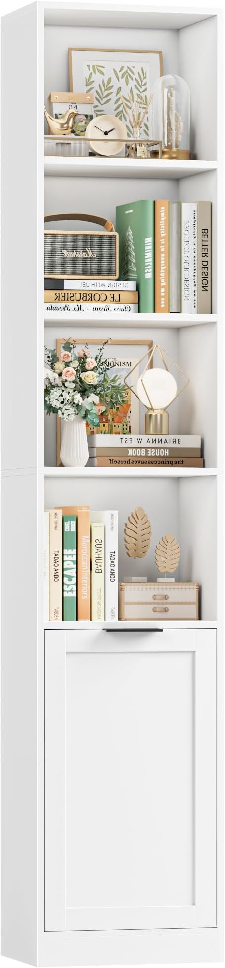 FACBOTALL 73.5" Tall Narrow Bookshelf, Tall Bathroom Storage Cabinet, Slim Bathroom Cabinet with Doors, 6 Tier Slim Bookshelf with Storage, Narrow Storage Cabinet for Living Room, Home Office, White