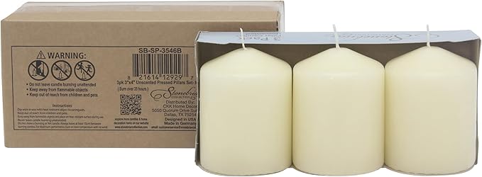 Stonebriar 3 Pack Tall 3 x 4 Inch 35 Hour Long Burning Unscented Ivory Wax Pillar Candles