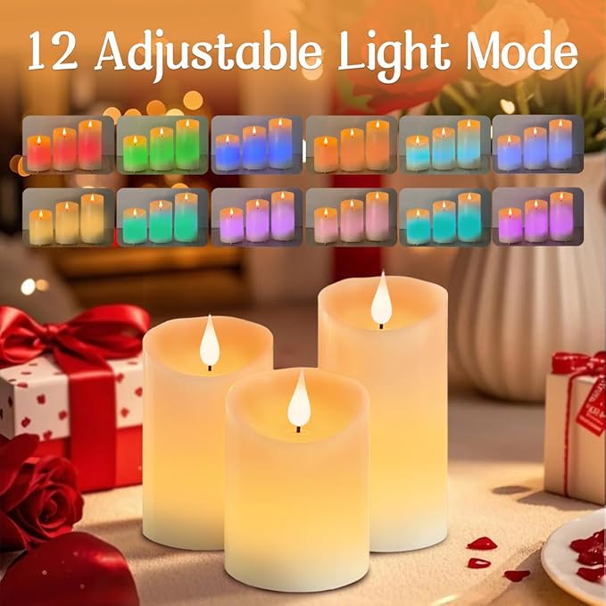 Flameless Candle RGB Set, Flickering LED Pillar Real Wax Candle with Remote Control and Timer, Upgraded Blue Flame Heart, Built-in Battery Rechargeable Flameless Candle, 1 Set of 3