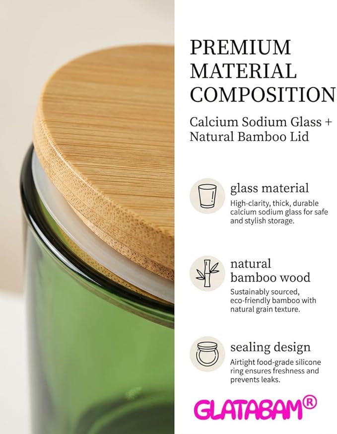 GLATABAM 7 OZ Candle Jars 12 Pack - Bulk Glass Candle Making Jars with Bamboo Lids & Labels, Heat Resistant Empty Reusable Candle Vessel for Containers(Green)