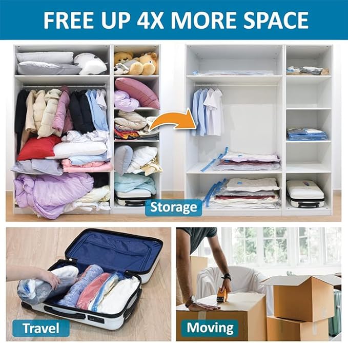 12 Pack Vacuum Storage Bags, Space Saver Vacuum Storage Bags, Vacuum Seal Bags for Clothing, Clothes, Comforters and Blankets, Hand Pump Included
