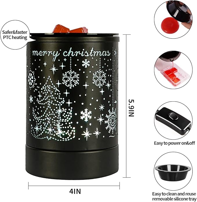 Enaroma Fragrance Wax Melts Warmer with 7 Colors LED Changing Light Classic Black Forest Design Scent Oil Candle Warmer for Home Black Christmas
