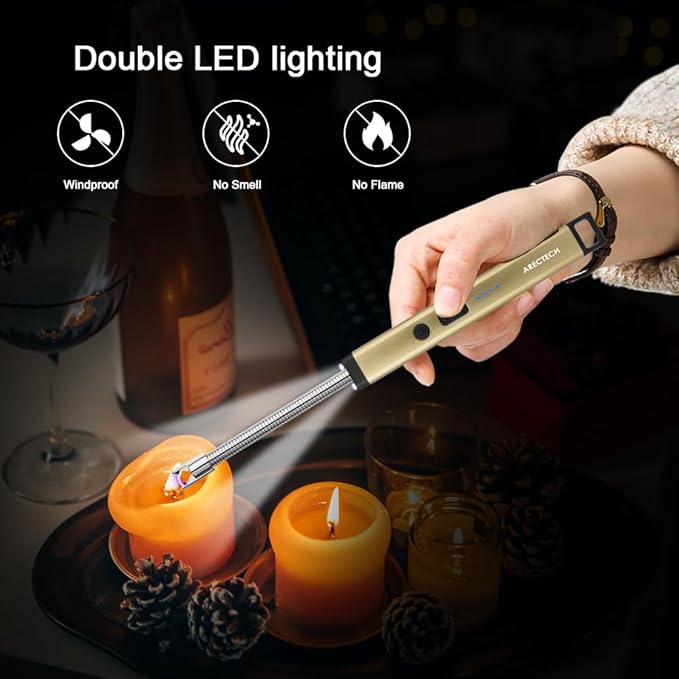 ARECTECH Candle Electric Lighter Rechargeable USB Arc Lighters for Candle Camping Fireworks Christmas Birthday Gifts with LED Light for Men Women Gold