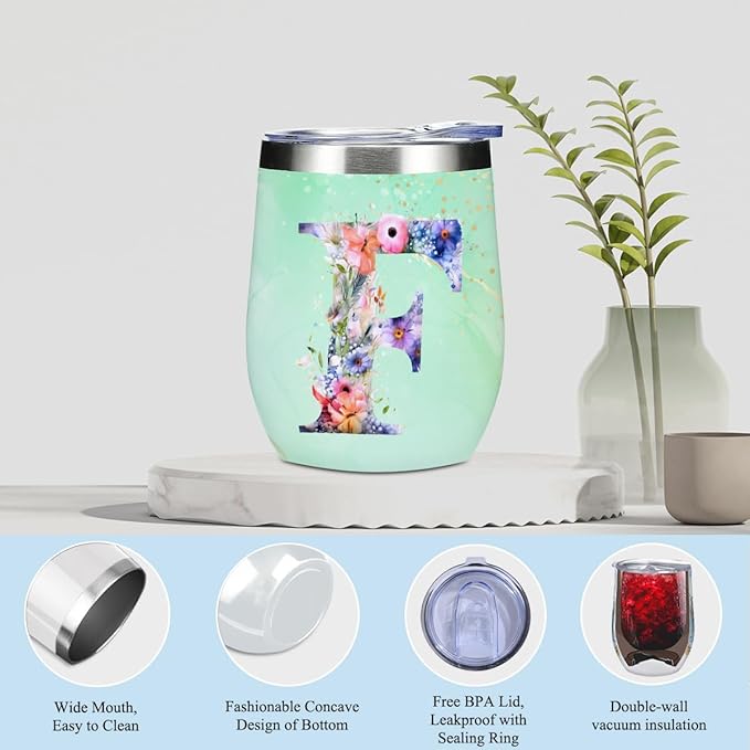 Personalized Gifts Monogrammed Birthday Gifts for Women, Aunt Grandma Retirement Christmas Initial Wine Tumbler Makeup Bag Scented Candle Bracelet Set, (Aesthetic Green Flower F)