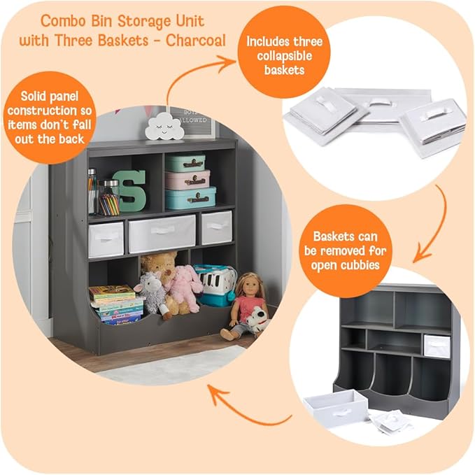Badger Basket Combo Bin Toy Storage Unit and Book Shelf for Kids with 3 Baskets - Dark Gray