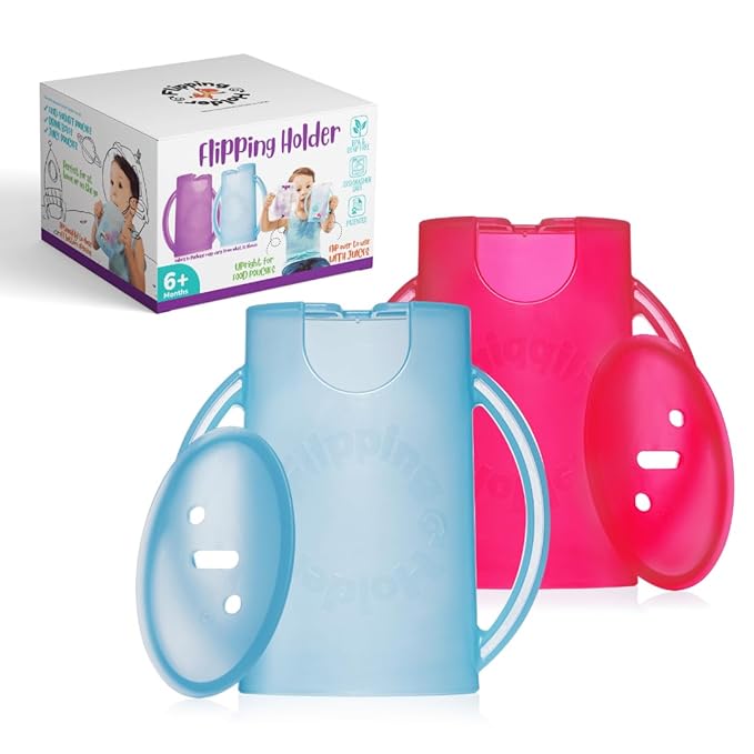 Flipping Holder Squeeze Proof Food Pouch Holder for Toddlers, Babies, Kids, Mess Free No Squeeze Juice Box Drink and Applesauce Snack Holder with Easy Grip Handles and Lid