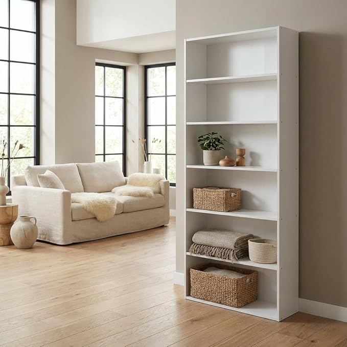 Furnifact White Bookcase with Sturdy Wood Construction, Traditional Design, Modern Storage Solution for Home or Office