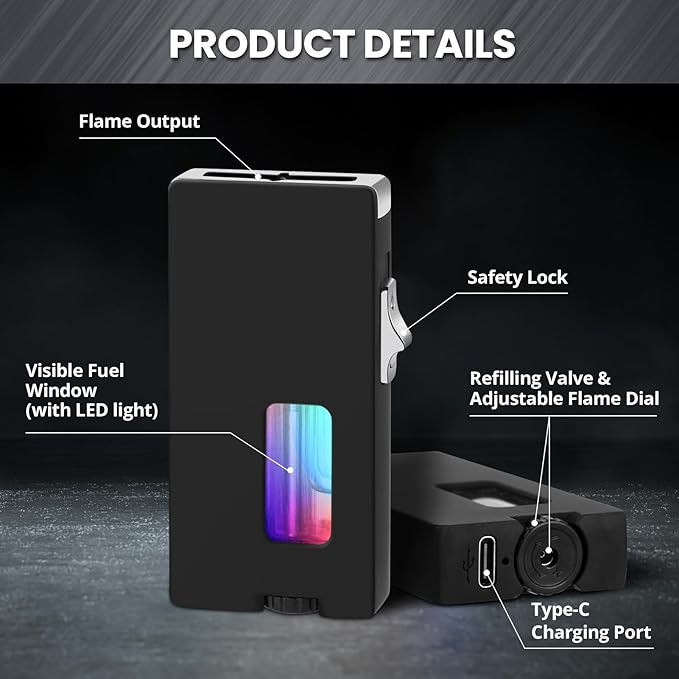 CHOICEDC Cool Lighters for Men, Butane Refillable Lighter, Vintage Lighters with Unique Shake Ignition, Visible Gas Tank, Adjustable Wide Flat Soft Flame Lighter, Novelty Gifts for Men Women, No Fuel