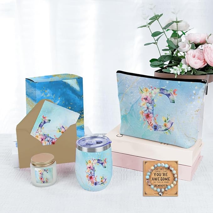 Personalized Gifts Monogrammed Birthday Gifts for Women, Cowerker Bride Wife Sister Wedding Christmas Initial Wine Tumbler Makeup Bag Scented Candle Bracelet Set, (Aesthetic Blue Flower C)