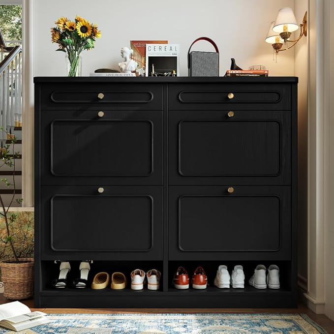 Wooden Shoe Cabinet with 4 Flip Drawers 2 Storage Drawers Farmhouse Style Shoe Organizer for Classified Storage Black (Black)