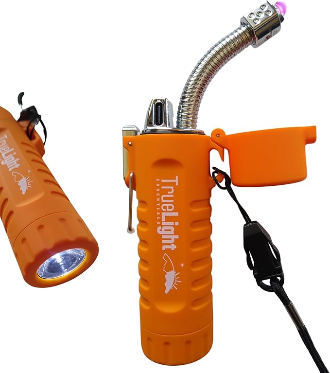 TrueLightEssentials Electric Rechargeable Plasma Lighter - Waterproof USB Arc Lighters with Flashlight LED Battery Indicator and Flexible Neck for Candle Survival Camping Emergency (Orange, Long)