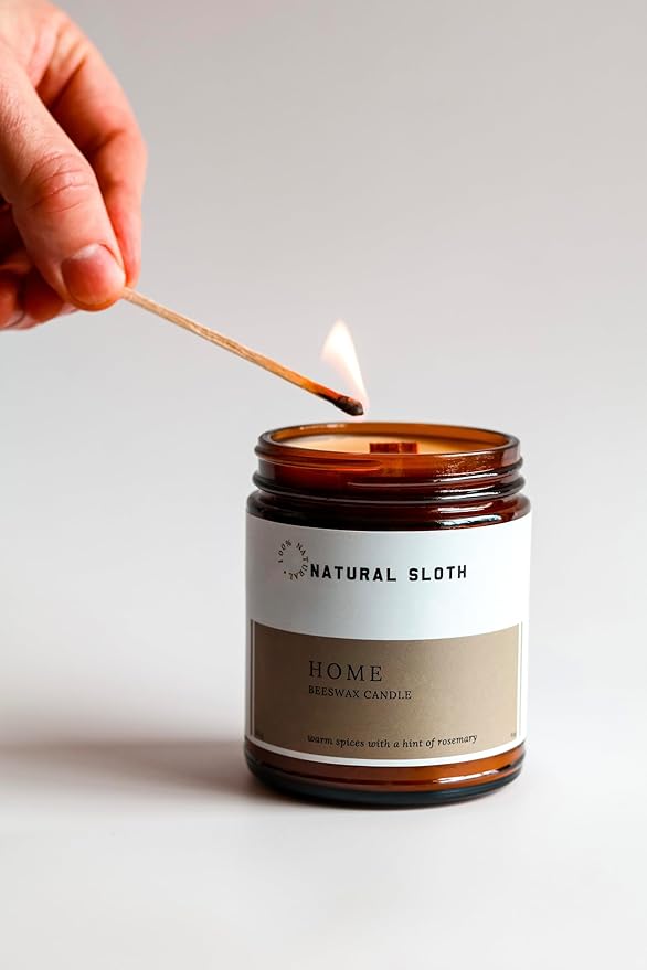 Home Natural Sloth 9 oz Beeswax Candle with Pure Essential Oils, Non-Toxic, Made Safe® Certified, Wooden Wick, Clean Burning (Home)