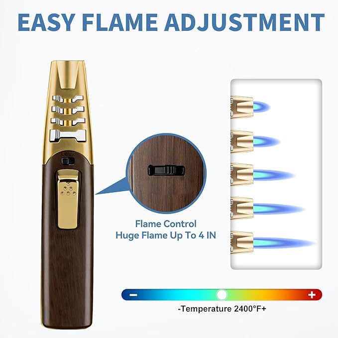 Torch Lighter, Butane Lighter, Adjustable Big Jet Flame Butane Torch, Windproof Refillable Gas Long Torch Lighter with Safety Lock for Candle Grill Camping BBQ Kitchen Soldering, Gas Not Included