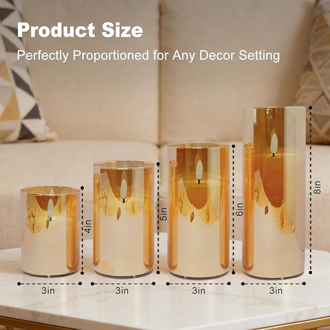 Rechargeable Flameless Candles, Realistic Flickering LED Flameless Candles Real Wax Candle with Remote Control and Timer, Gold Glass Electronic Candle, 1 Set of 5（Gold）
