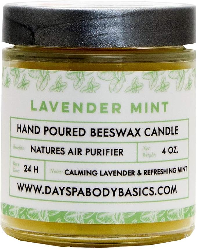 Lavender Mint Hand-Poured Beeswax Candle - All-Natural Essential Oil Scented, Cotton Braided Wick, Smokeless, Non-Toxic Handmade in USA by DAYSPA Body Basics