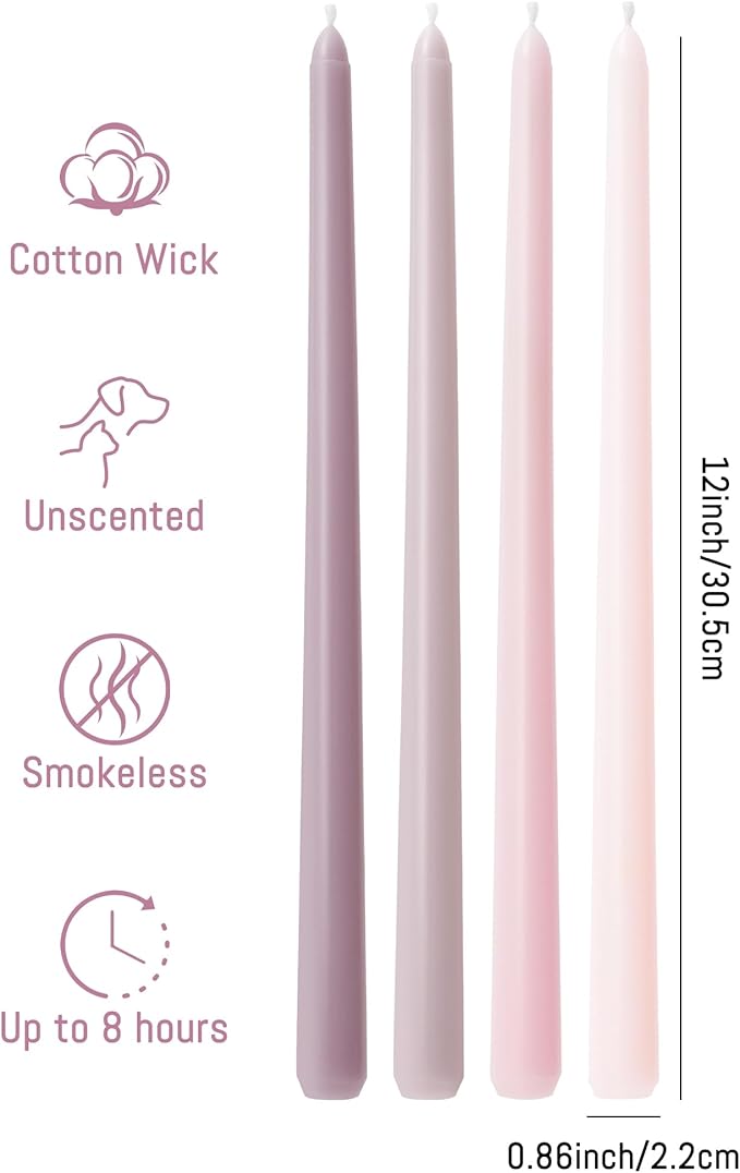 Viyffo 12 Inch Purpel Taper Candles Set of 12 Unscented Smokeless Long Tall Tapered Candle for Candlesticks Sticks Wedding Home Decor Dinner