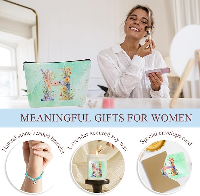 Personalized Gifts Monogrammed Birthday Gifts for Women, Bridesmaid Bachelorette Party Christmas Initial Wine Tumbler Makeup Bag Scented Candle Bracelet Set, (Aesthetic Green Flower H)